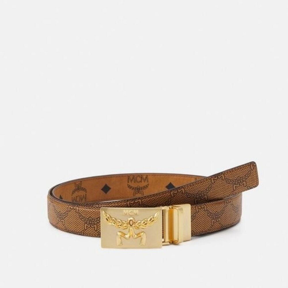 New Authentic MCM Garland Plaque Buckle Print Belt in 24K Gold Plating